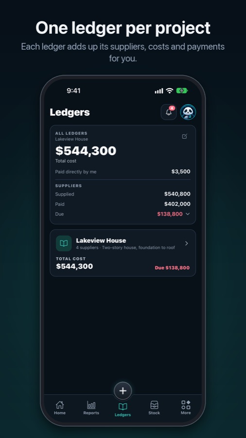 Ledgers: total cost and what is due to suppliers